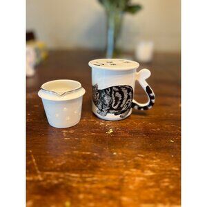 Cat Tail Handle Mug,Lid & Infuser Vintage Japan Porcelain Cat Design Tea Cup Set
